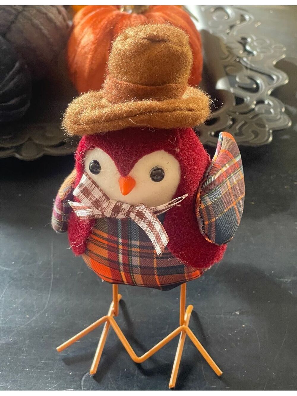 Fall Decorative Bird Figurine with Brown Top Hat and Plaid Accents-Burgandy